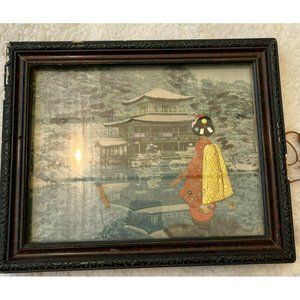 3D Wall Art Japanese Geisha Woman Rough Frame Wood Back SEE PICS‎ & Description